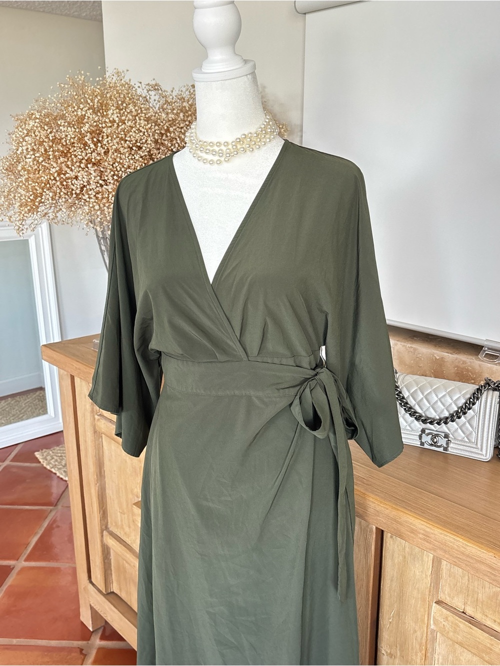 ATHLETA Calistoga Wrap Midi Dress S Tuscan Olive Khaki UPF 50+ Travel Resort